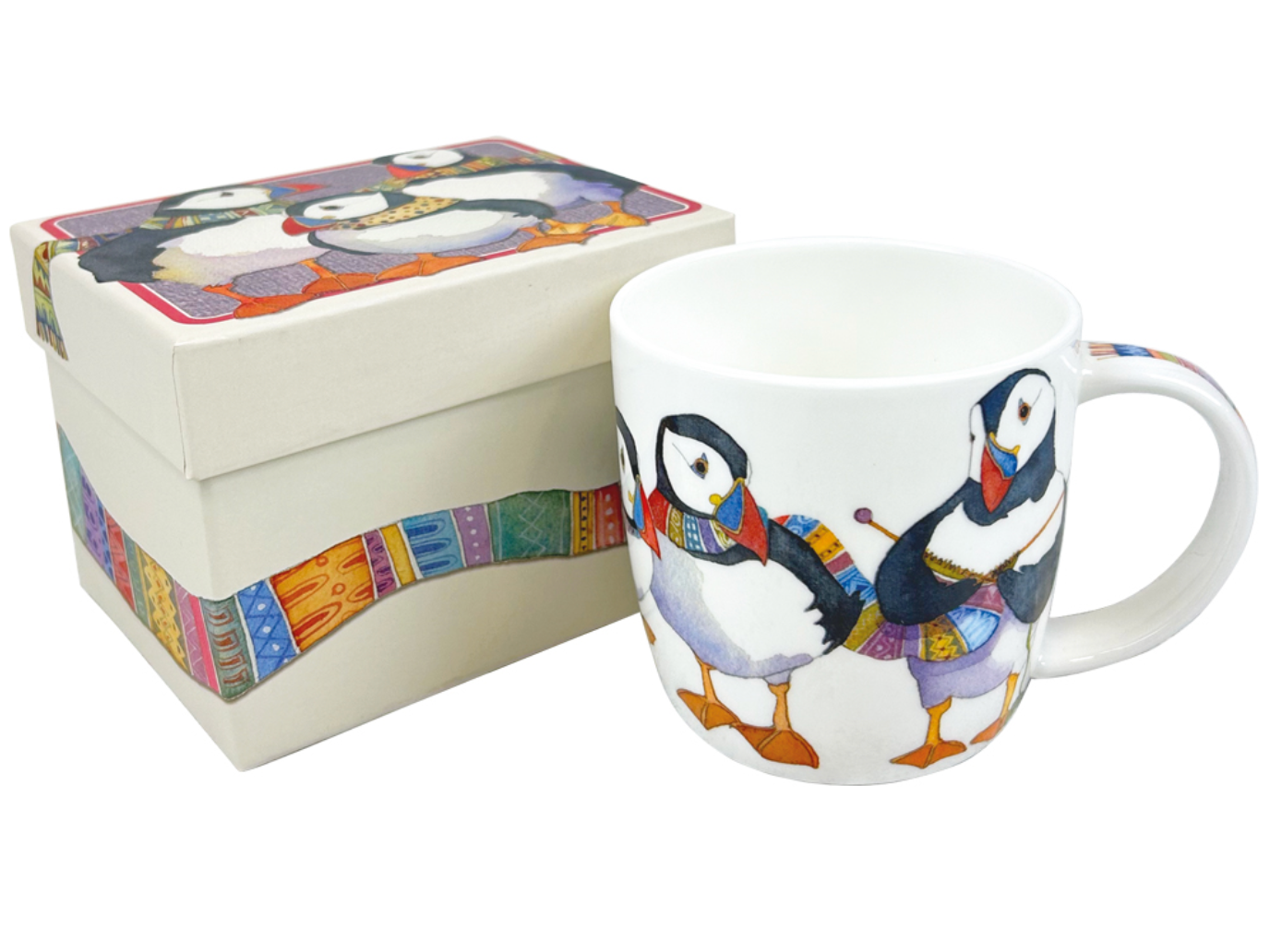 EMMA BALL KNITTING PUFFINS BONE CHINA MUG WITH GIFT BOX