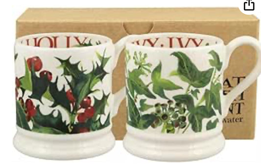 Emma Bridgewater Christmas Holly and Ivy  1/2 Pint Mug set of 2