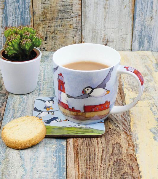 PUFFINS & A LIGHTHOUSE BONE CHINA MUG WITH GIFT BOX