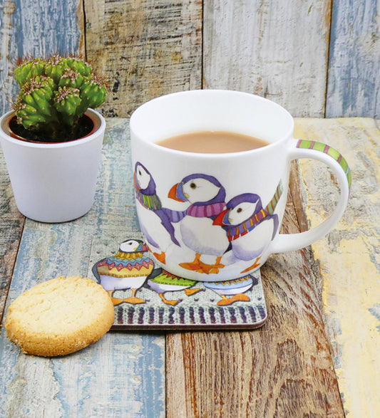 PUFFINS IN SCARVES BONE CHINA MUG WITH GIFT BOX